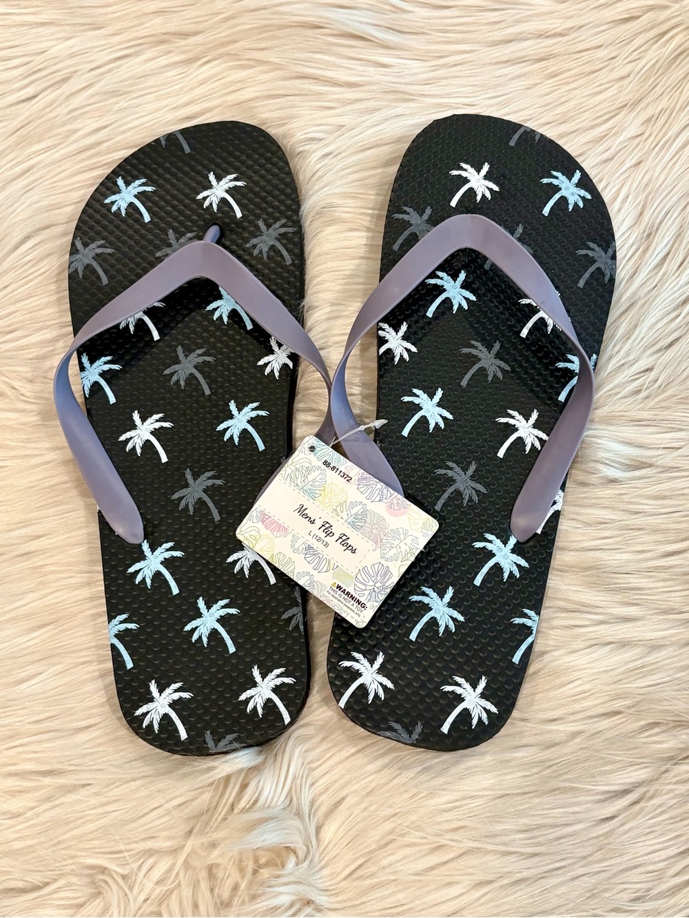 Men’s Black Palm Print Flip Flops with Lavender Straps Large 12/13